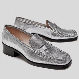 ZARA Shimmery Silver Leather Square Toe Loafers